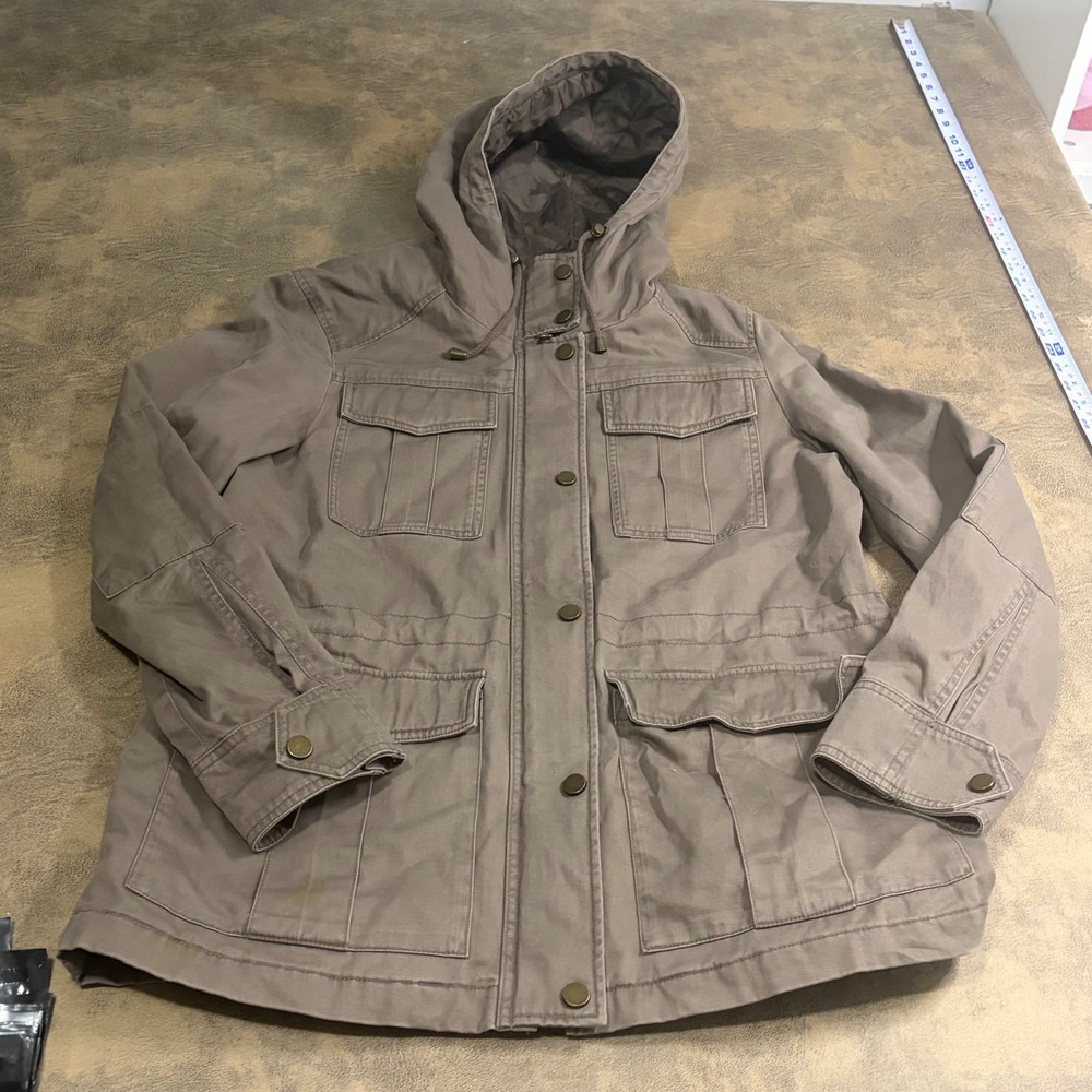Lucky Brand Utility Jacket Womens Large Khaki Brown Hooded Military Field Coat
